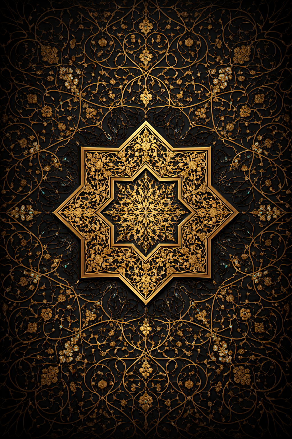 Large Rub el Hizb eight-pointed star in ornate gold filigree at center surrounded by radiating arabesque patterns on dark background -- elegant sacred Islamic symbol HD wallpaper